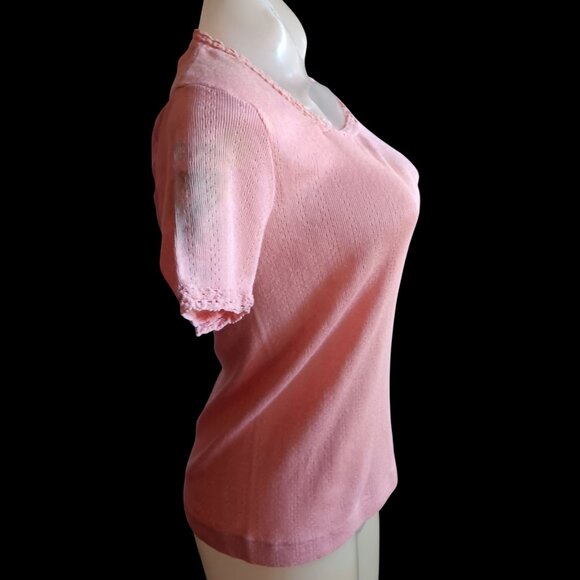 Vintage Women's Small Knitted Top K-mart 80's Trash Pink Short-Sleeve Lace Trim - Picture 5 of 8